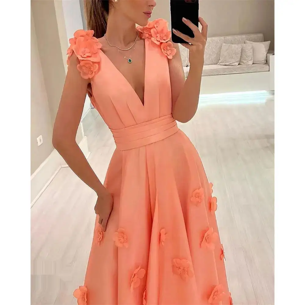 V-Neck Dubai Prom Dress Sleeveless With Floor Length Evening Dress Women Birthday Wedding Party Formal Gowns Arabia