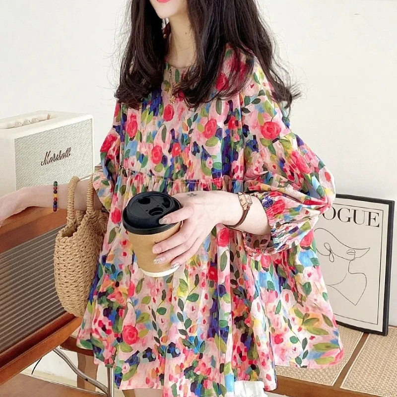 Spring Autumn New Fashion Round Neck Long Sleeve Printing Chiffon Blouses Women's Clothing Loose Shirring Sweet Thin Baby Shirt