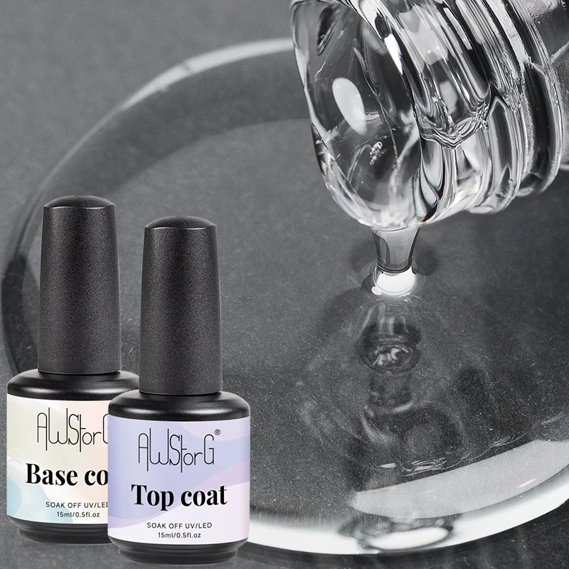 AWStorG 1/2Pcs 15ml 닦지 않는 탑베이스 코트 네일 젤 폴란드어 디자인 강화제 바니시 세미 퍼머넌트 UV LED 네일 아트 도구