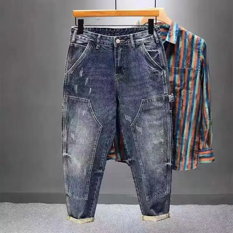 Heavy Trendy 2025 Brand Tooling Multi-pocket Jeans Men's Trend Loose Retro Small Feet Harlan Patchwork Cargo Straight Pants