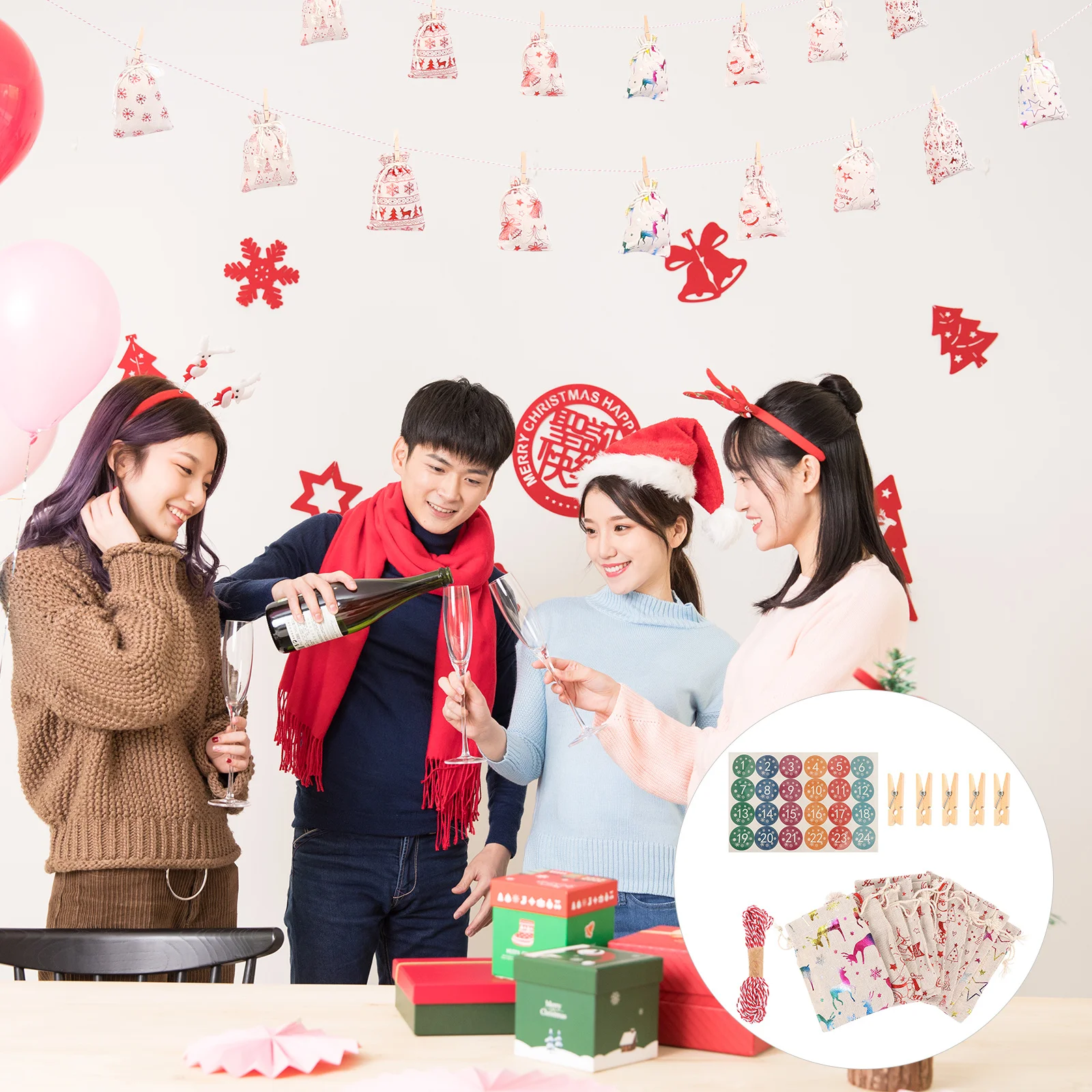 

1Set Christmas Gift Bags Drawstring DIY Advent Calendar Candy Party Favor Decorating Home Xmas Tree Hanging Bags