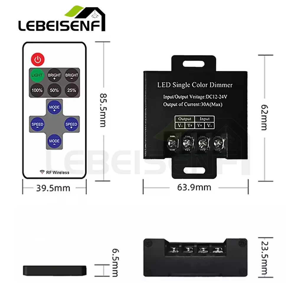Wireless RF Mini Remote Control LED Strip Dimmer 30A High-Power Single-Color DC12V-24V 11-Key for Home Lighting