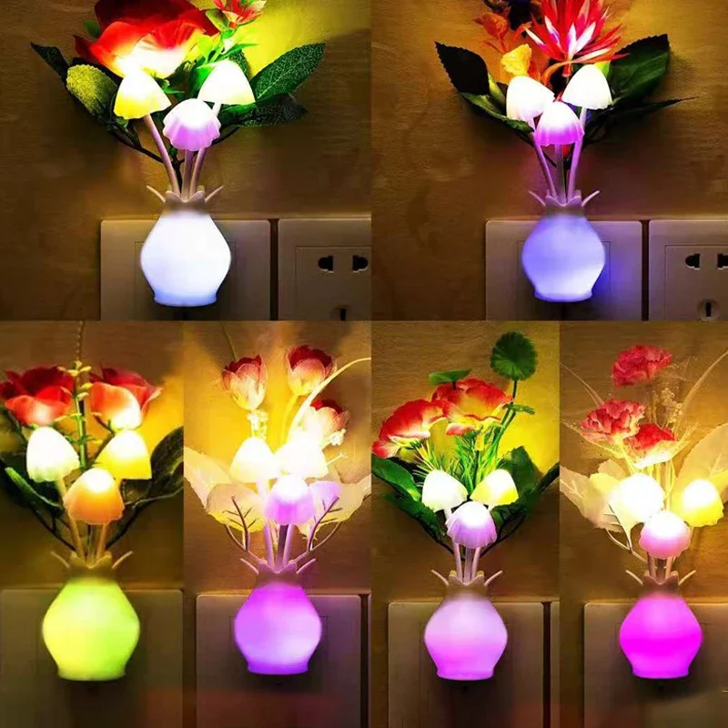 Dark Automatic Bright US Plug LED Novelty Light Mushroom Lilac Flower Light Sensor Night Lamp Home Decoration Romantic Light