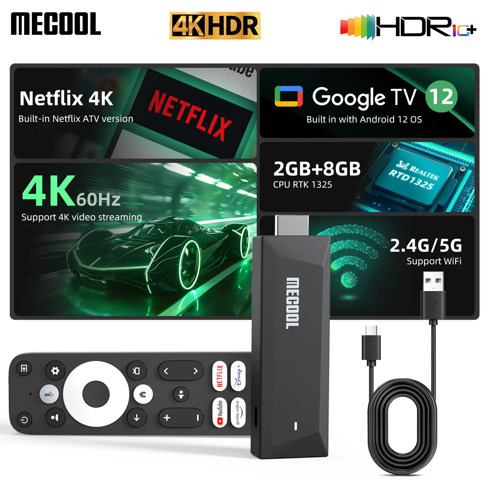 MECOOL MEgo1 4K TVStick 2025 مع مشغل تبخير Google المعتمد Netflix 4K AI SR/PQ 2+8G RTD 1325 HDR10+ WiFi 2.4G/5G BT5.0