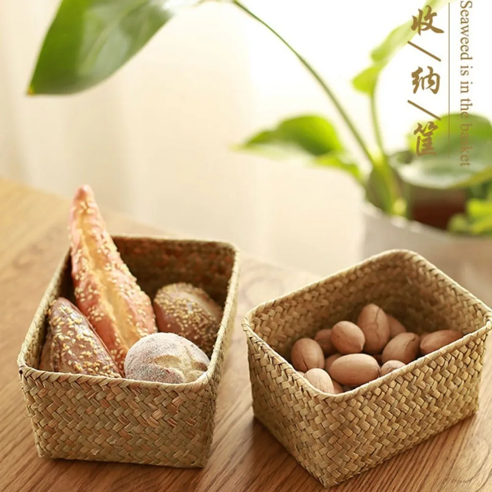 Handmade Woven Seagrass Storage Baskets Straw Rattan Picnic Basket Fruit Storage Box Cosmetic Storage Container Home Decor