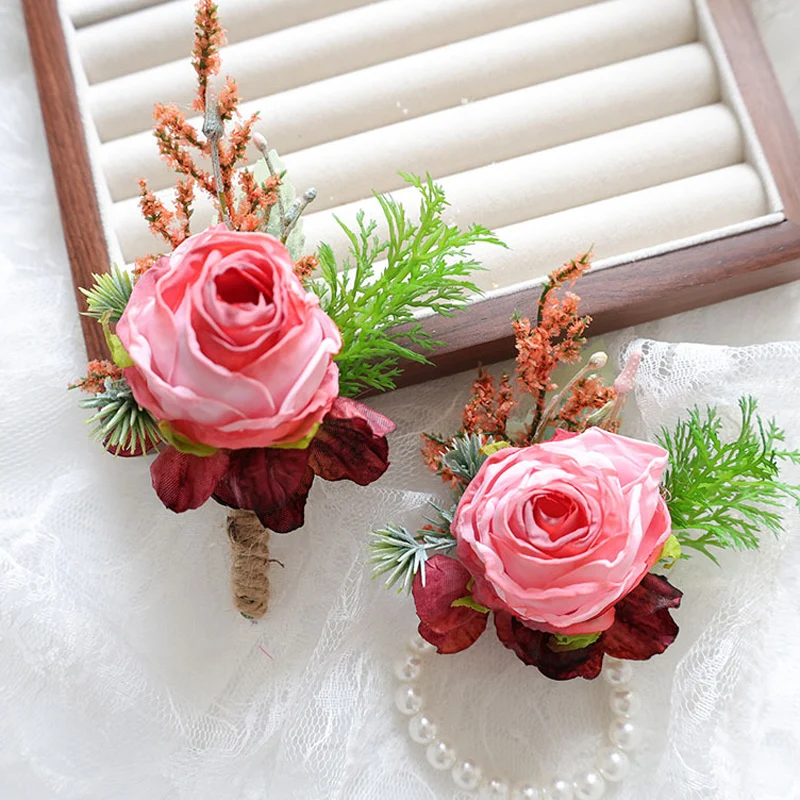

Retro Pink Bohemian Rose Flower Corsage & Wristlet Set - Perfect for Brides, Groomsmen, and Wedding Decorations 25044