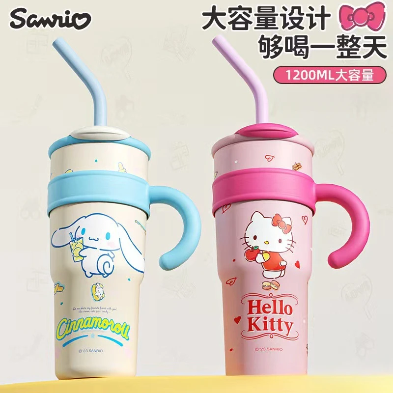 

MINISO Sanrio Милая 1200 мл Изолированная бутылка для воды Hello Kitty большой емкости соломенный термос чашка My Melody мультяшная детская чашка