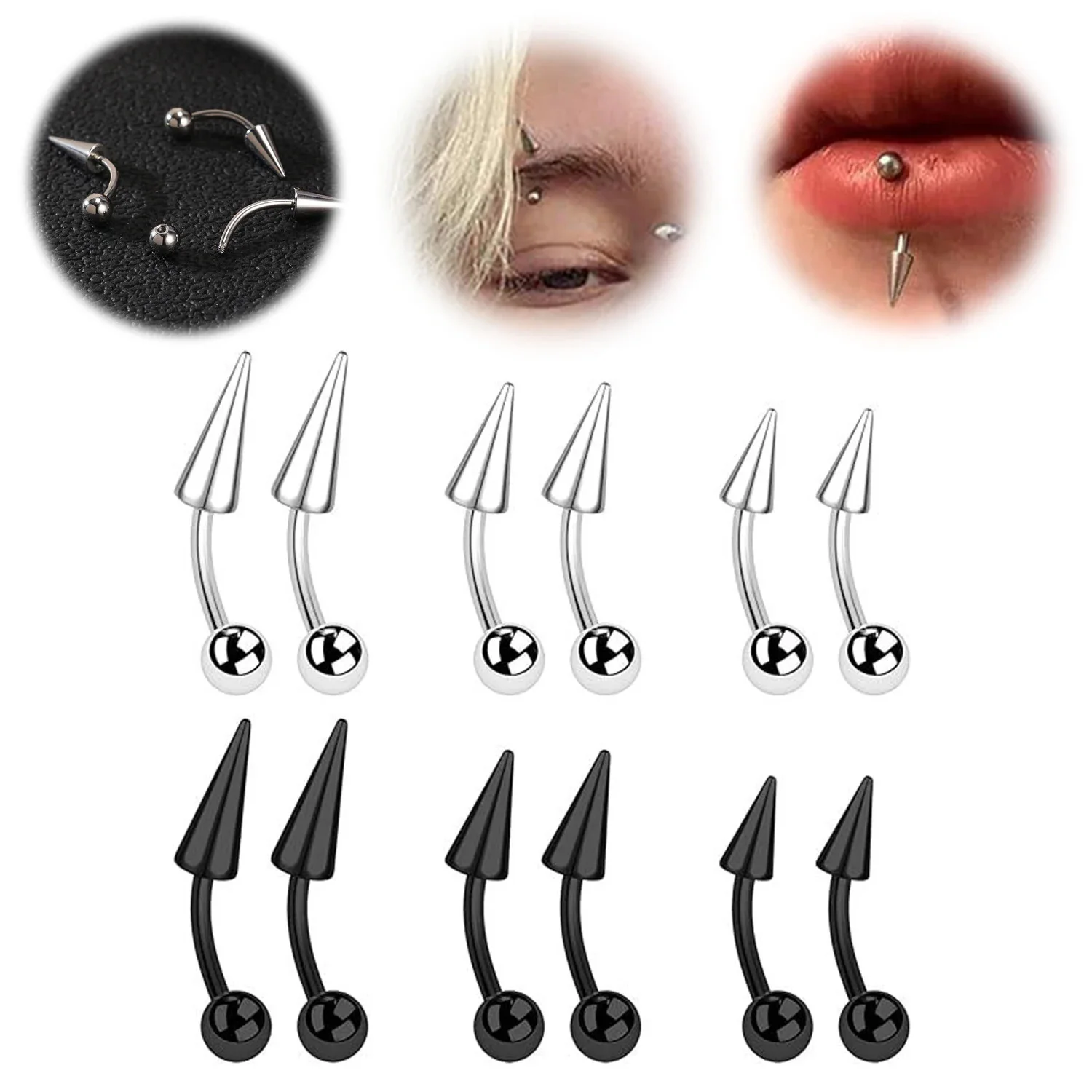 1PC 16G Long Spike Bridge Stainless Steel Eyebrow Ring Curved Barbell Cartilage Earring Punk Cone Labret Piercing Jewelry