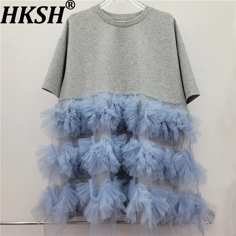 HKSH Summer New Women Chic Dress Mesh Spliced Contrast Color 0-neck Short Sleeve T-shirt Sweet High Street Casual Dresses HK9420