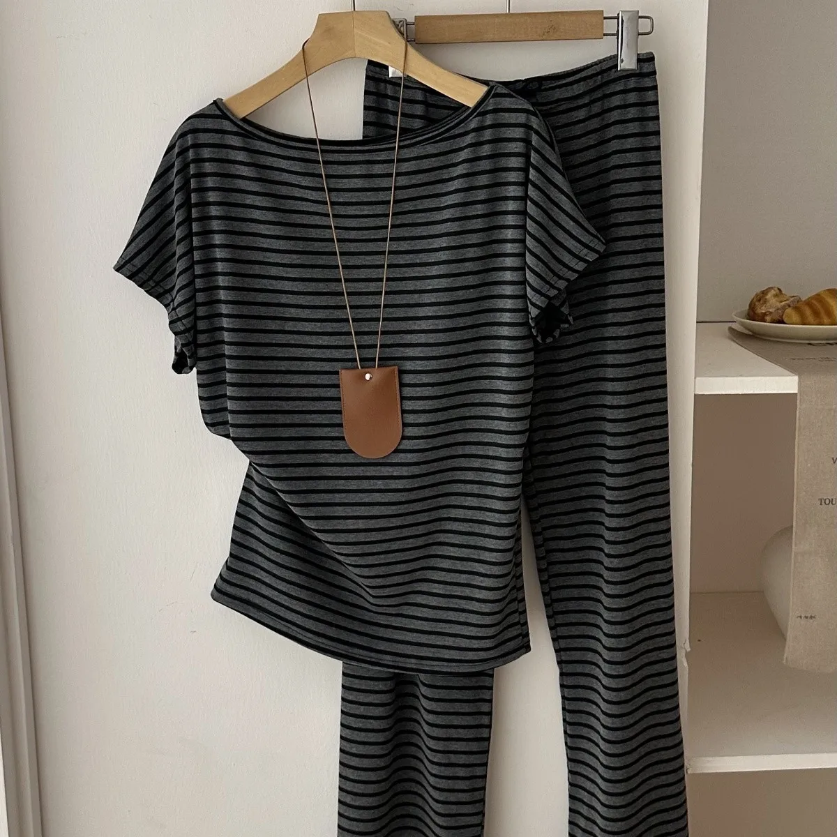 Casual Striped Pajamas Suits Trend Autumn Loose Homewear 2PCS Skew Neck Short Sleeve T Shirt Shorts Outfits Women Long Pants Set