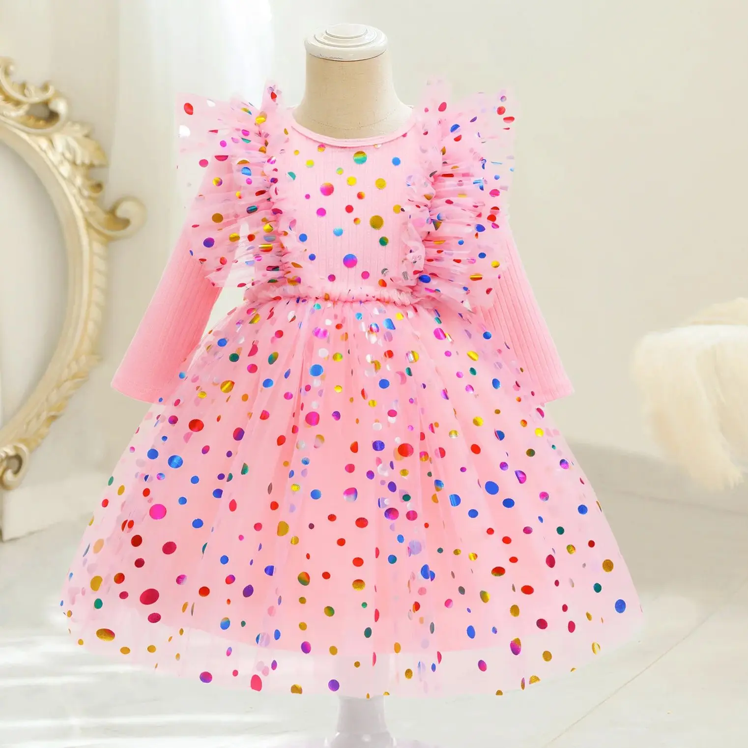 

Party Dresses For Girls Long Sleeve Rainbow Polka Dot Mesh Princess Dress For Children Ceremony Birthday Party Performance Gown