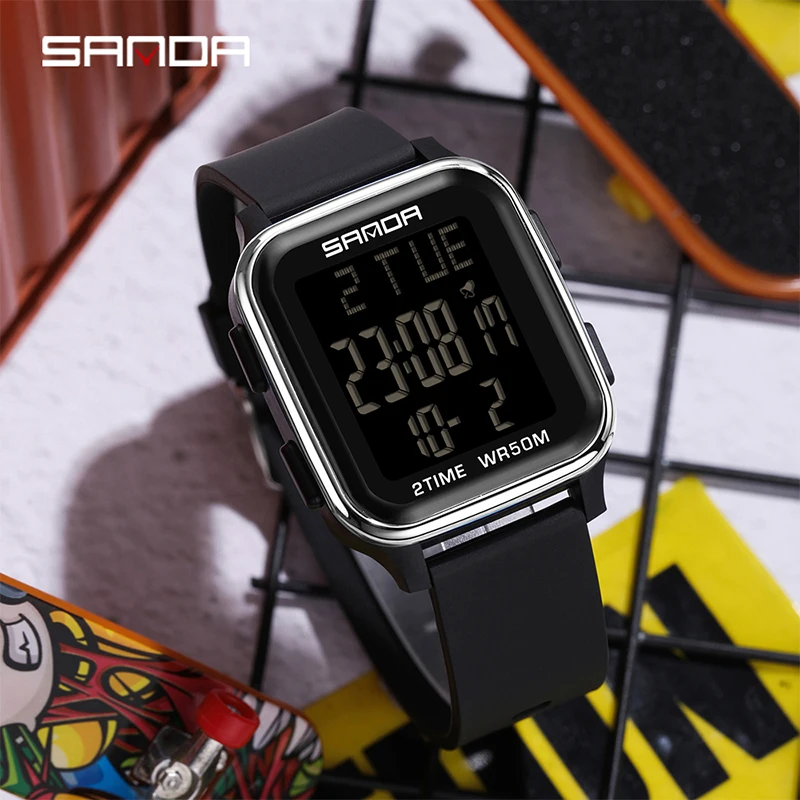 SANDA New Square Design LED Electronic Teenagers Watch Fashion Trend Multi Functional Waterproof Chronograph Clock Men\'s Watches