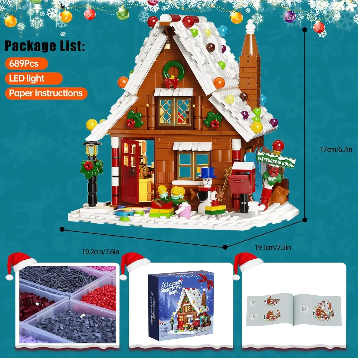 Kit de construction de maison de pain d'épice de Noël avec lumières LED, maison de village de Noël, cadeaux décoratifs pour filles, garçons, enfants et adultes