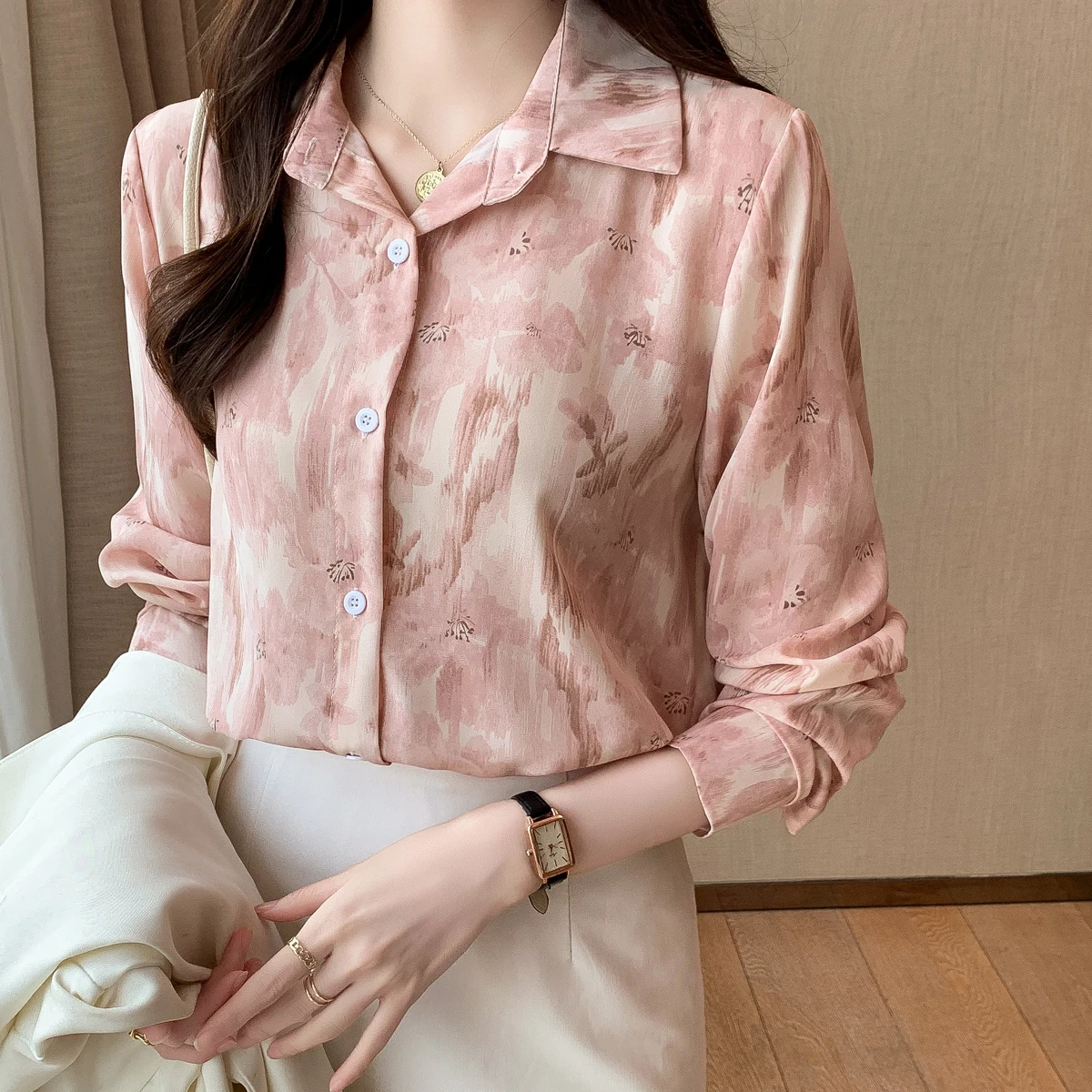 Women Spring Korean Fashion Temperament Loose Printing Polo-Neck Long Sleeve Shirts Women Clothes Casual All-match Sweet Tops