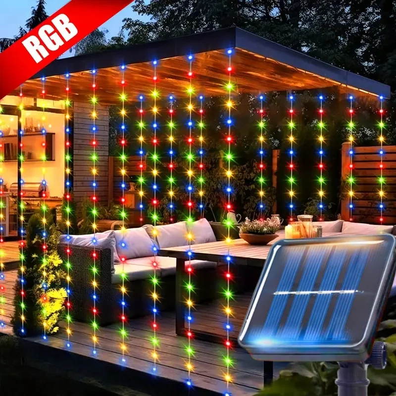Outdoor Solar Light String - 300/200/100 LEDs Solar Fairy Curtain Lights 8 Flashing Light Modes for Courtyard Bedroom Holiday