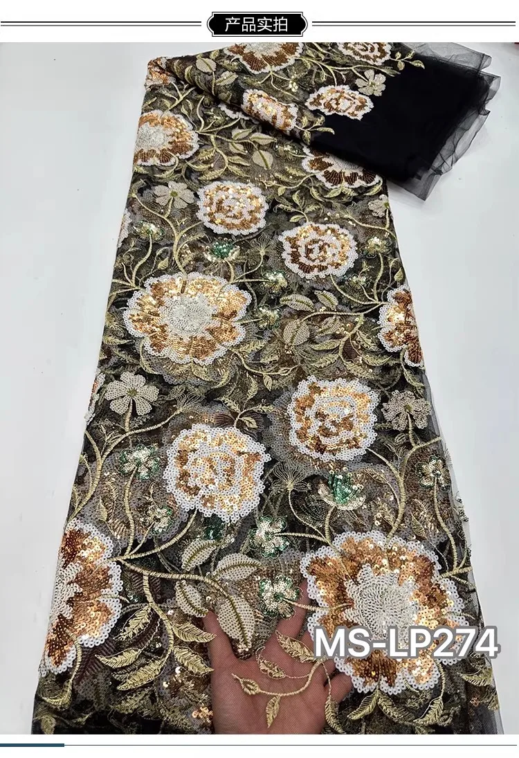 

Новая ткань из марли (1 ярд) для одежды: Изысканная вышивка пайетками в виде цветов, материал для свадебных платьев и ципао.