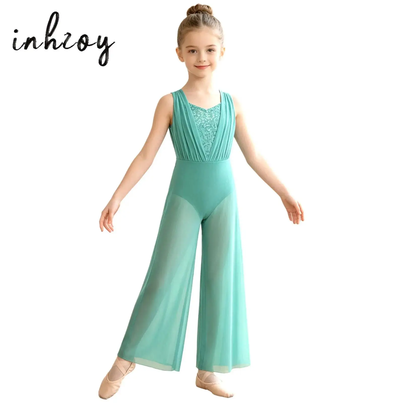 Girls Lyrical Dance Jumpsuit Sparkly Sequins Sleeveless Back Cutout Long Pants Built in Briefs Jumpsuit Jazz Modern Dancewear