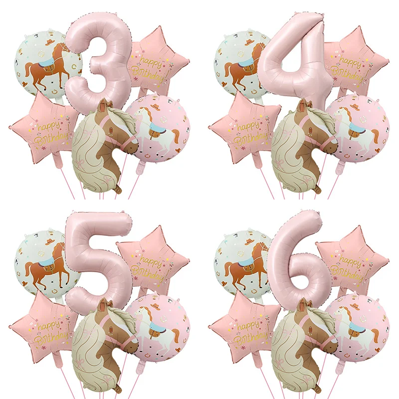6 Stück Rosa Pony Geburtstags-Folienballons 32 Zoll Zahlenballons 1-9 für Kinder Mädchen 1.-9. Geburtstag Niedliche Tierfarm-Themen-Partydekoration