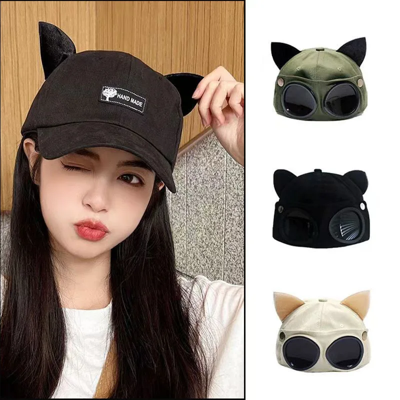 Summer hat women cute Cat's ears pilot glasses caphip-hop unisex style fashion positive and negative two wear baseball caps