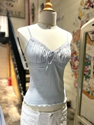 Lace-up Lace Trim Blue Slim Crop Top Women Summer V Neck Sleeveless Chic Texture Camisole Sweet Preppy Style Casual Tank Tops