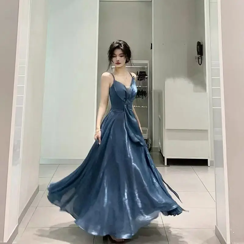 Blue Elegant Sexy Slip Dress Women Sleeveless Korean V-neck Long Dresses Fashion Casual One Piece Dress Ladies Summer 2024 Chic