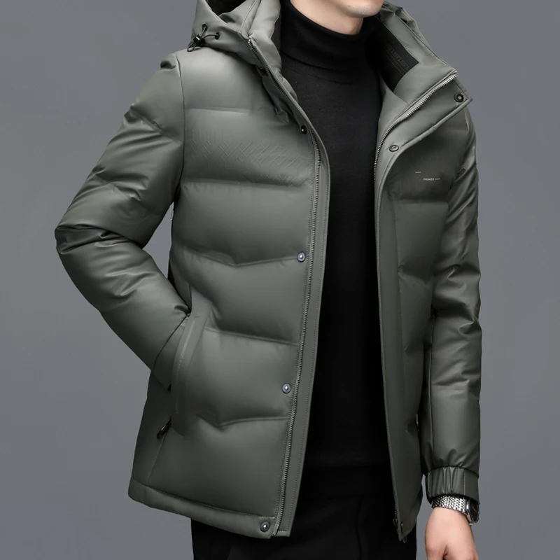 YX-6503 Winter Heren Echt Leer Donsjack Casual Jas Met Capuchon Met Dikke Dons En Witte Eend Donsjack Herfst