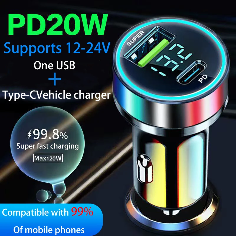 Caricabatteria per auto PD da 66-120 W QC3.0 Carica rapida da uno a DUE Caricabatteria per accendisigari per auto Carica flash con display digitale
