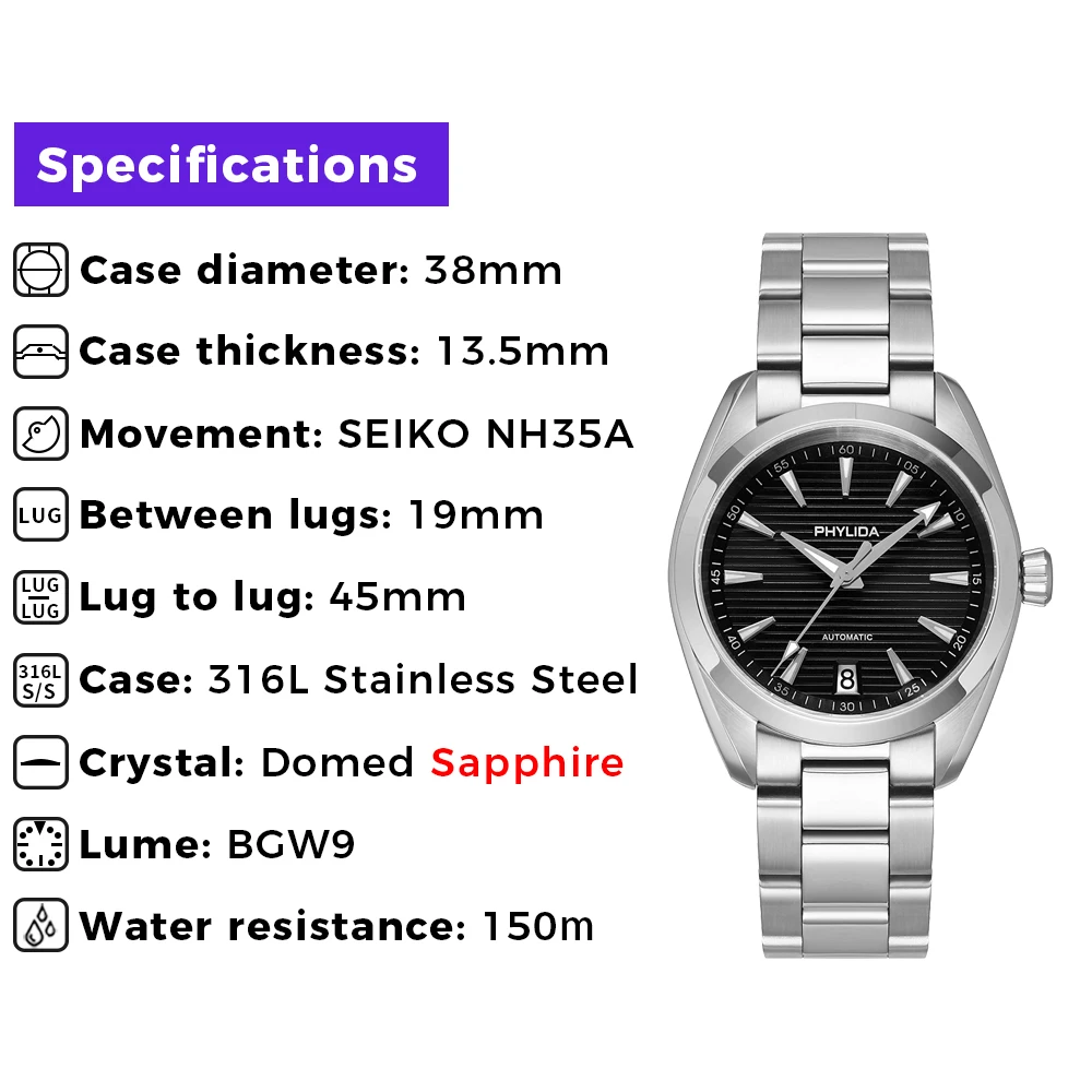 PHYLIDA 38 мм AQUA AT150 мужские автоматические часы с черным циферблатом механические наручные часы BGW9 циферблат NH35A механизм 150 м водонепроницаемые