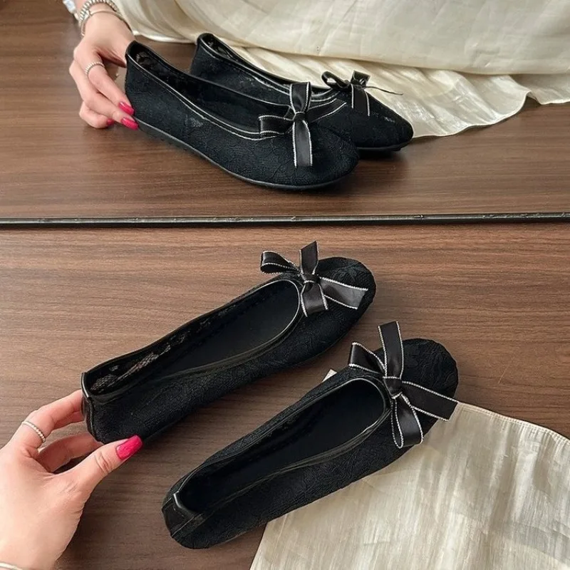 

Женские туфли с круглым носком и неглубоким носком, с бантом, кружевом, дышащей мягкой подошвой, плоская сетчатая обувь, новые весенне-летние одинарные туфли