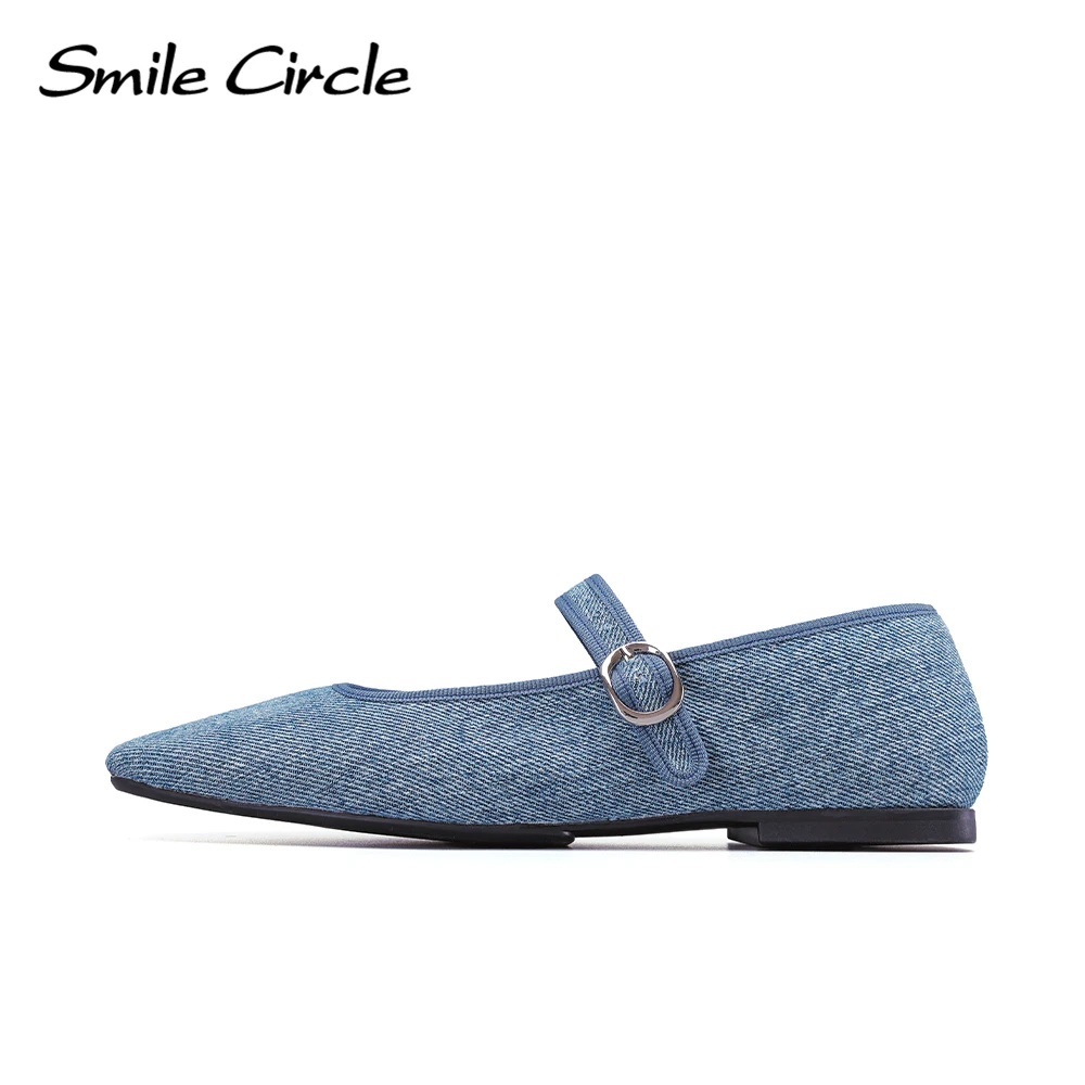 Smile Circle Denim Mary Jane Women Ballet Flats Shoes Comfortable Soft Round Toe Flat Shoes for Women