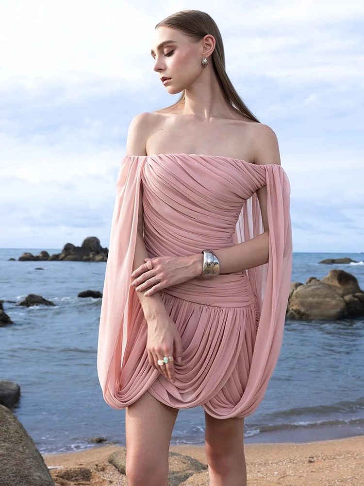 Weird Puss Folds Dress Women Slash Neck Solid Skinny Summer New Trend Mesh Elegant Style Birthday Party Chic Classic Bodycon view 2