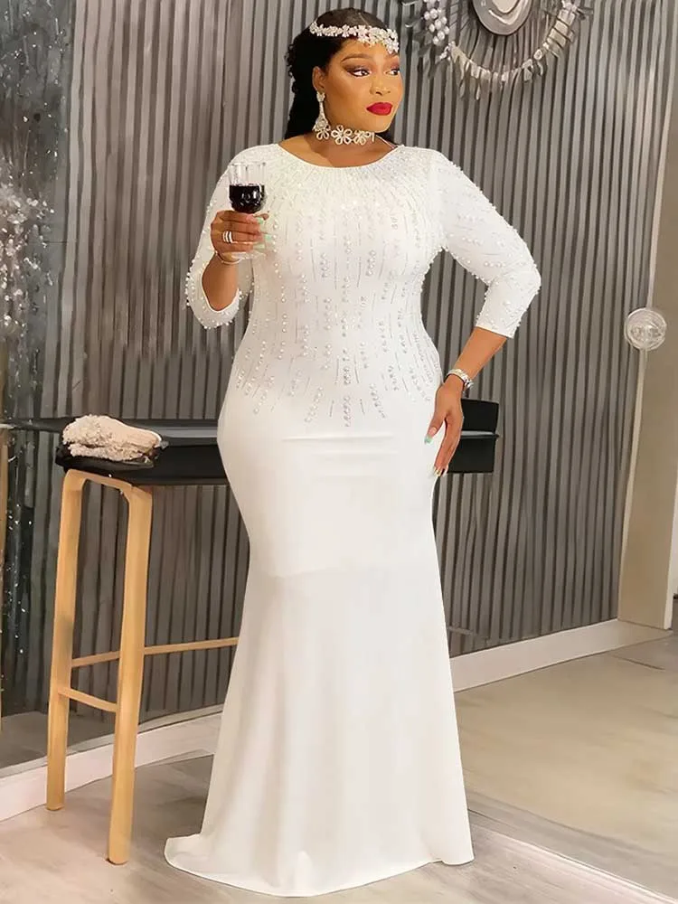Vestidos de talla grande para mujer elegante fiesta Color sólido diamante vestidos de noche largos Maxi vestido de manga larga venta al por mayor Dropshipping