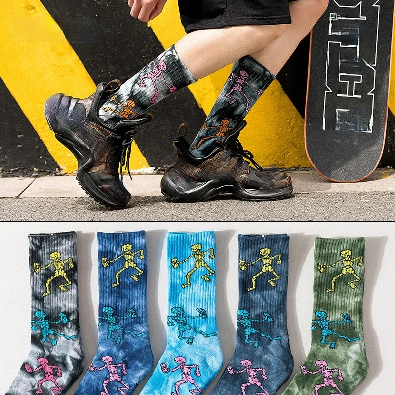 Trendy Tie-dye Stockings Skull Skateboard Socks Terry High Tube Stockings Solid Color Cotton Socks Harajuku Accessories