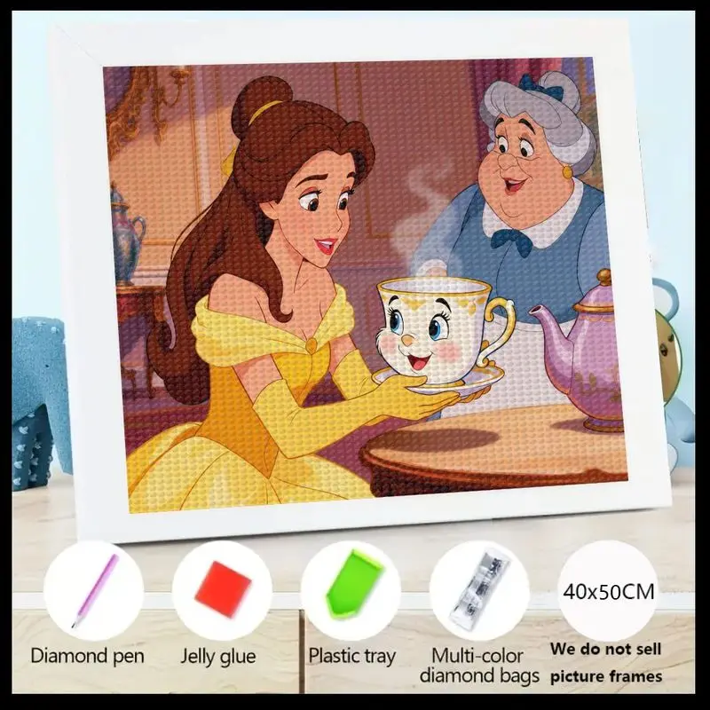 

1PC 5D Full Drill Diamond Painting Kit, Disney Princess Belle & Chip Tea Party Scene, Beauty and the Beast DIY Crystal Rhineston