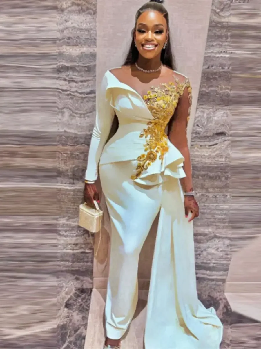 

Элегантное белое платье Aso Ebi длиной до пола, вечернее платье с длинными рукавами, вечерние платья с прозрачным вырезом, золотые кружевные аппликации, платья для выпускного вечера