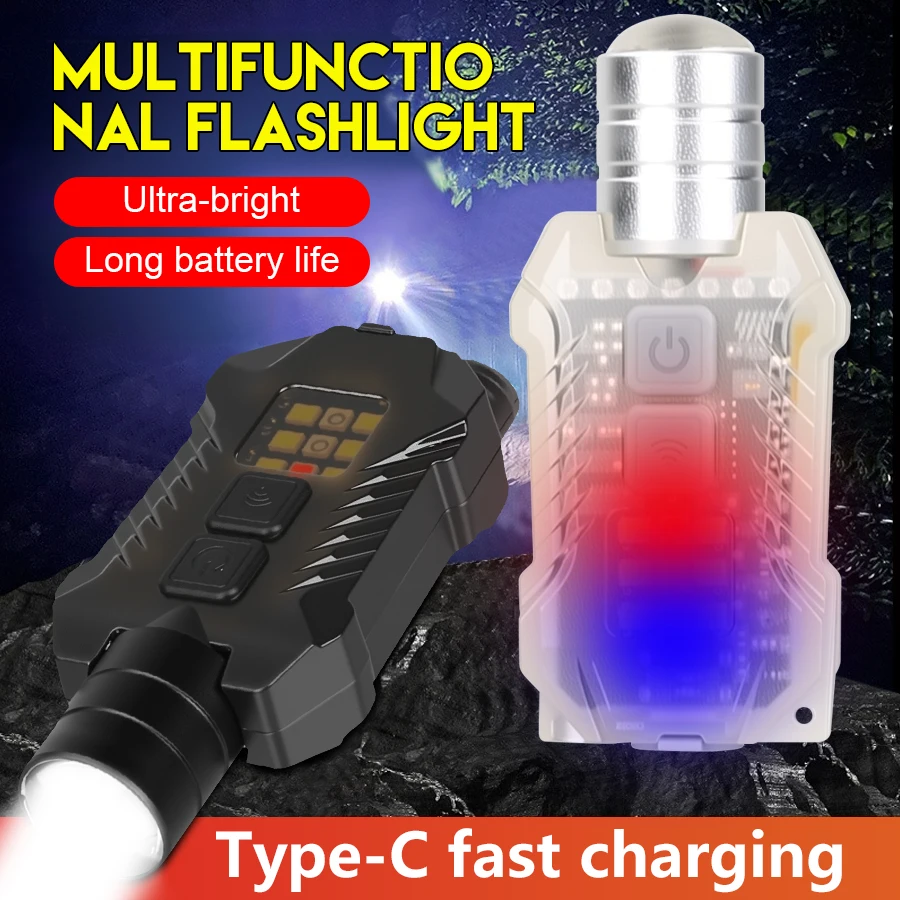 Rechargeable Mini Keychain Flashlight Three Light Sources Zoom EDC Flashlight Portable Pen Clip Headlamp Outdoor Camping Torch