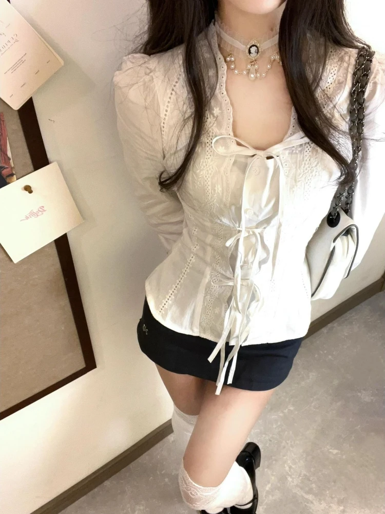 Shirts Women Fashion Autumn Vintage Lace-up Tunic Hotsweet Solid Party V-neck Casual Streetwear Y2k All-match Ins Aesthetic Ropa