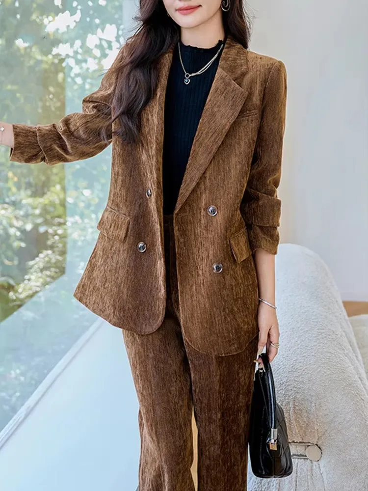 

New High End Corduroy LongSleeved Slim Fit Suit and Pants Set for Women AutumnandWinter Fashionable Thick SuitSet костюм