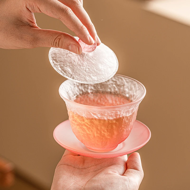 Glass Kung Fu Tea Set Gradient Pink Covered Bowl Tea Cup Non-Hot Frosted Tea Brewing Set view 4