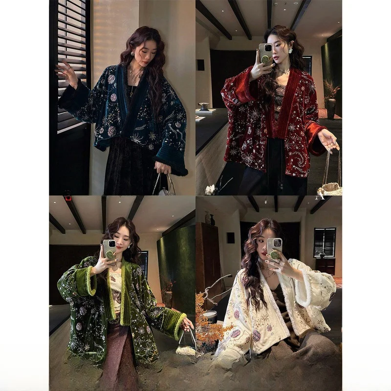 

Sanji Black Flower Velvet Jacket Women's Winter Thickened Fleece Lined Long And Short Styles Commute Loose Fit Polyester Fiber