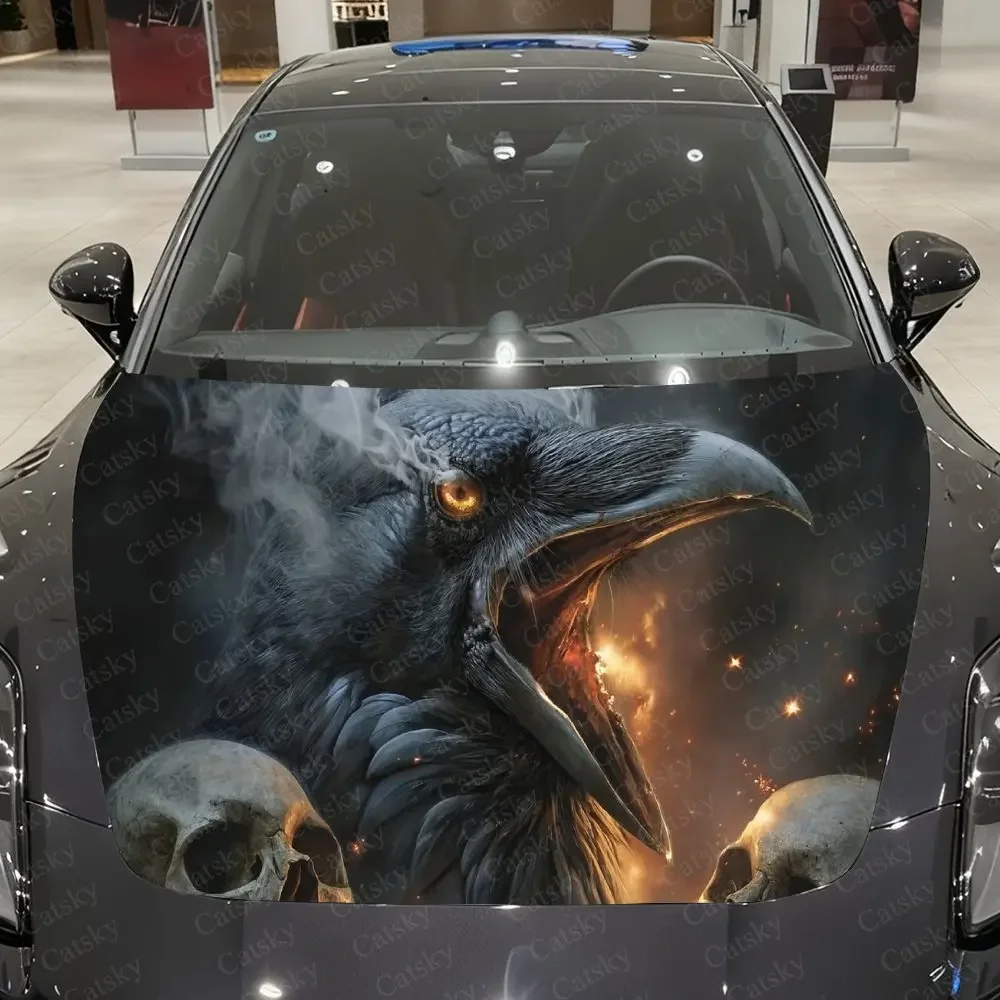 Black Raven in Flame Mist Car Vinyl Wrap, PVC Material Waterproof Car Hood Sticker, Self-Adhesive Scratch-Resistant Stickers
