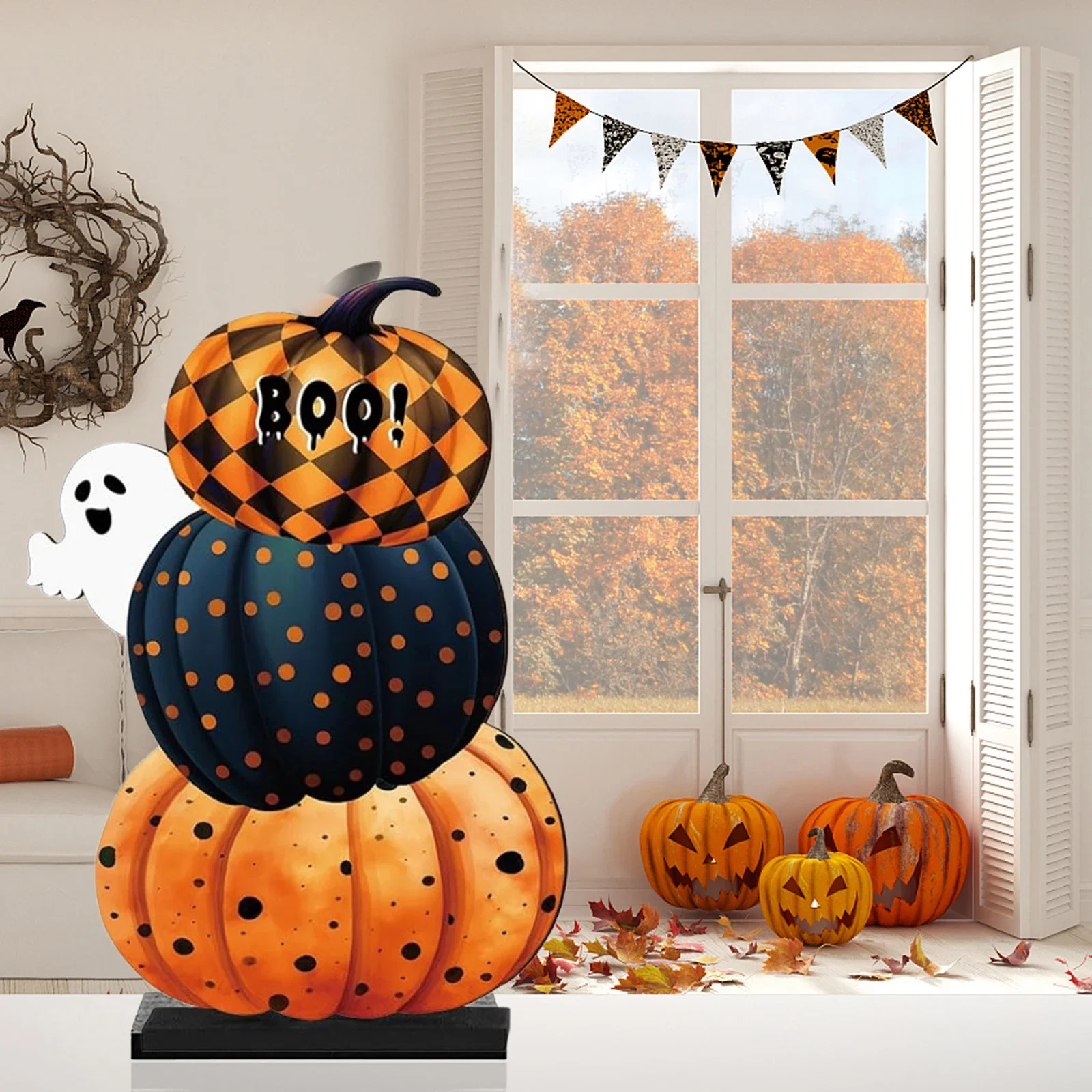 Halloween Wood Sign Stacked Pumpkin Tabletop Sign Freestanding Table Centerpiece for Home