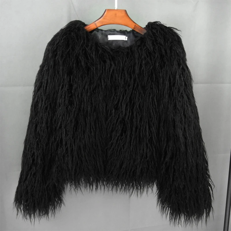 Fashion Luxury Fluffy Faux Fur Women Jacket Winter Long Sleeve Shaggy Overcoats Mongolia Sheep Fur Coat Female Street Outerwear