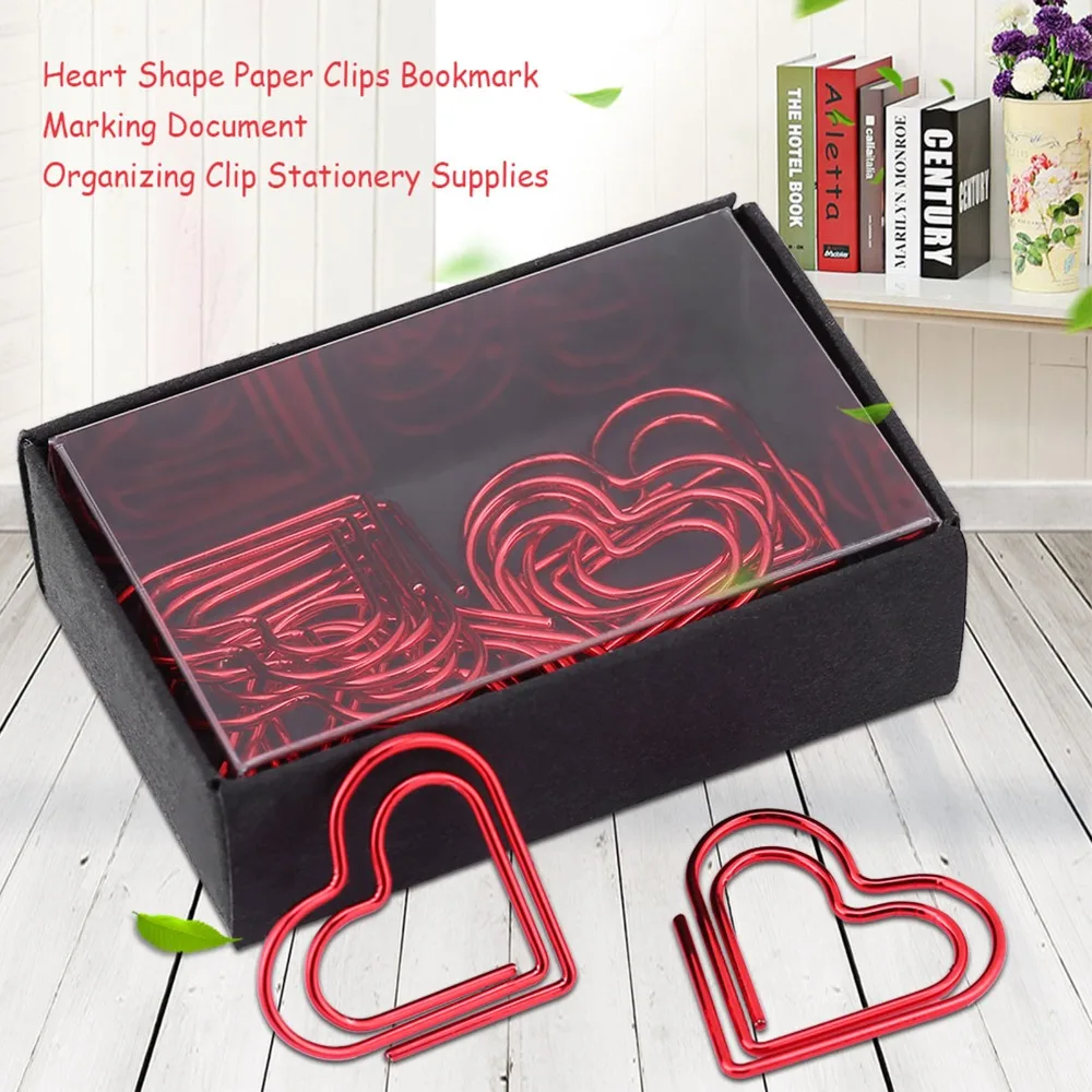 12pcs Red Heart Shape Paper Clips Stainless Steel Transparent Box Stationery Clip Plastic Document Organizing Clip Notebook