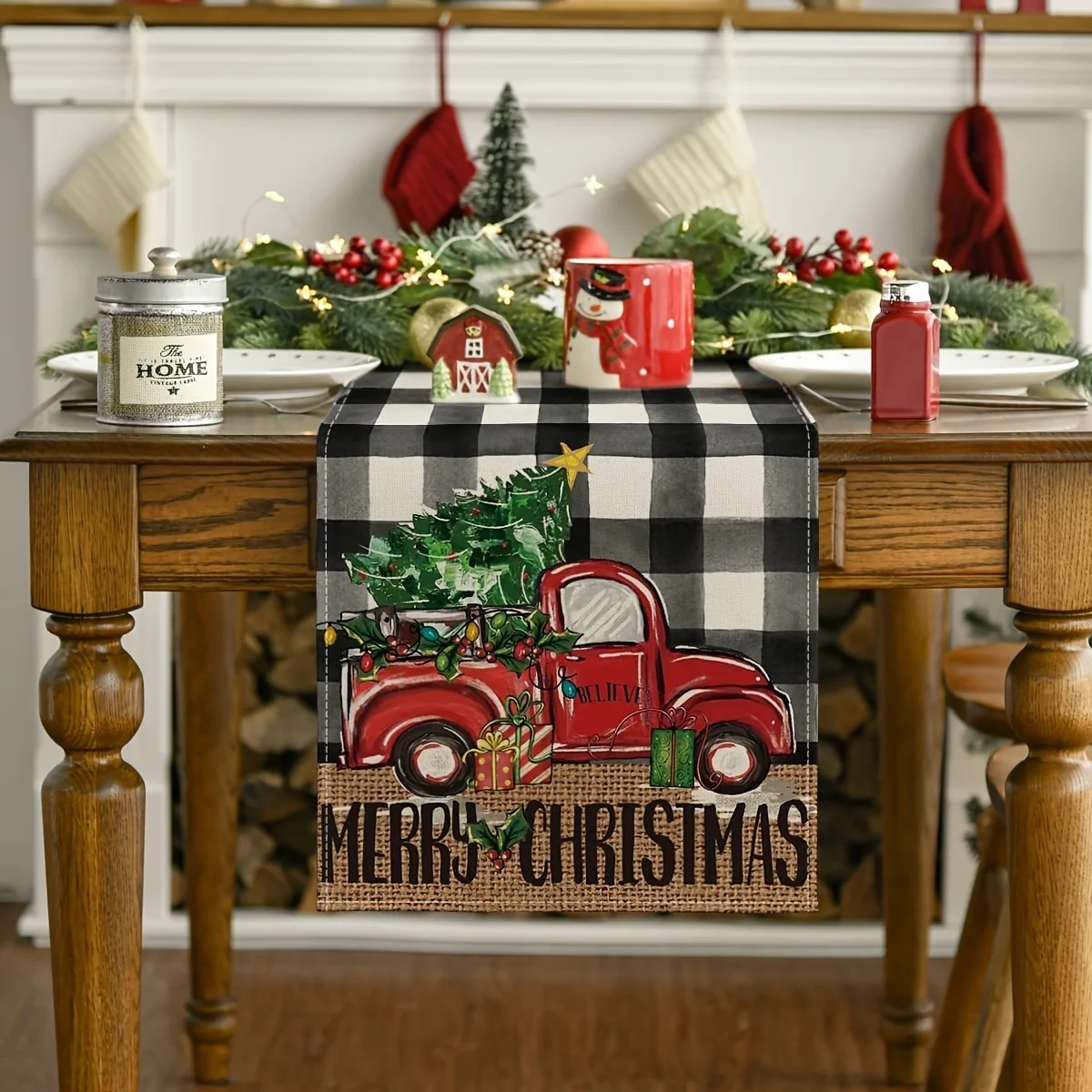 VIKAMA Christmas Table Runner Set Buffalo Plaid Merry Christmas Tree Table Runner Seasonal Truck Gifts Kitchen Dining Table Deco