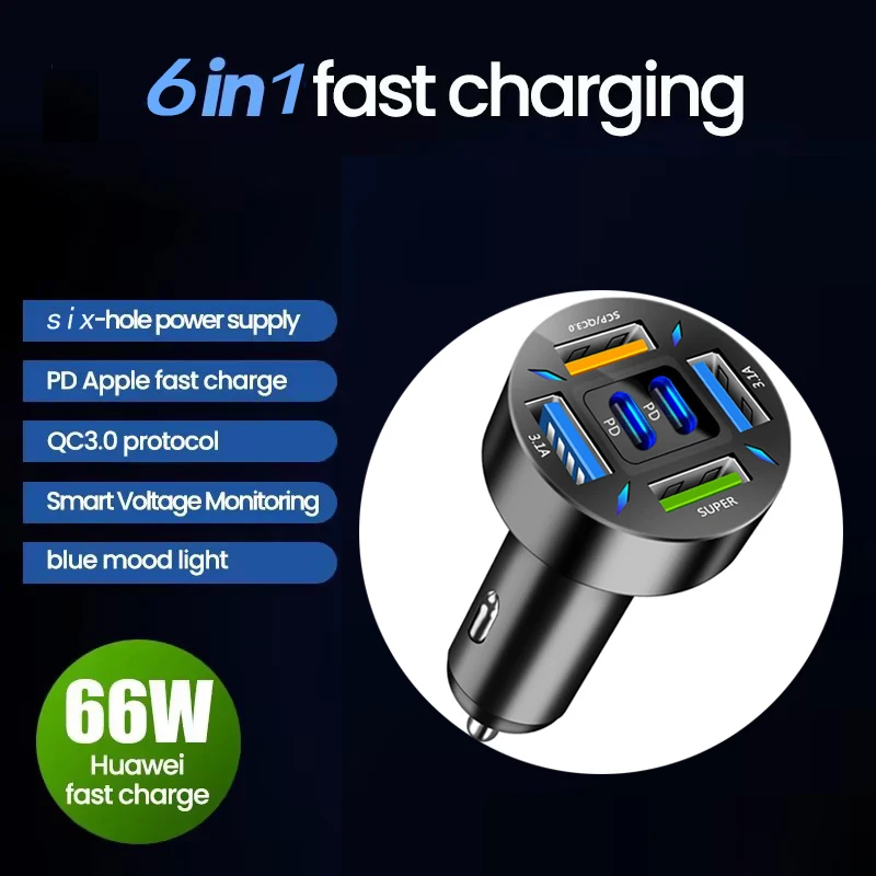 PD QC3.0 66W Car Charger Fast Charging 6 Port Cigarette Lighter Socket Type C Adapter For iphone Samsung Huawei