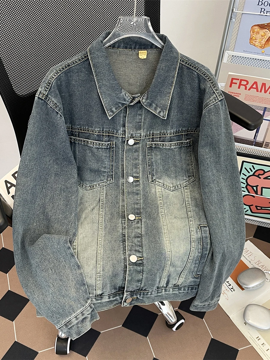 

Retro Japanese Sle Men's Denim Jaet Spring Autumn Casual Waed Collar Jaet American High Street Versatile Leisure Top