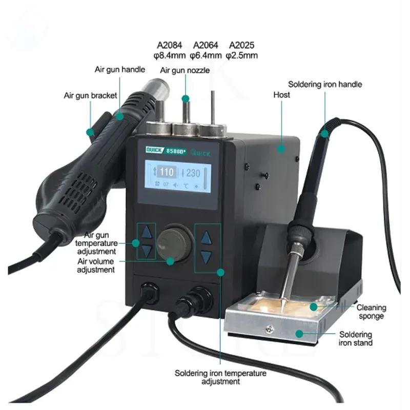 QUICK 8586D+ 2 in 1 Rework Station Hot Air Gun Electric Soldering Iron Mobile Phone Screen Motherboard Lead-free Repair Tool