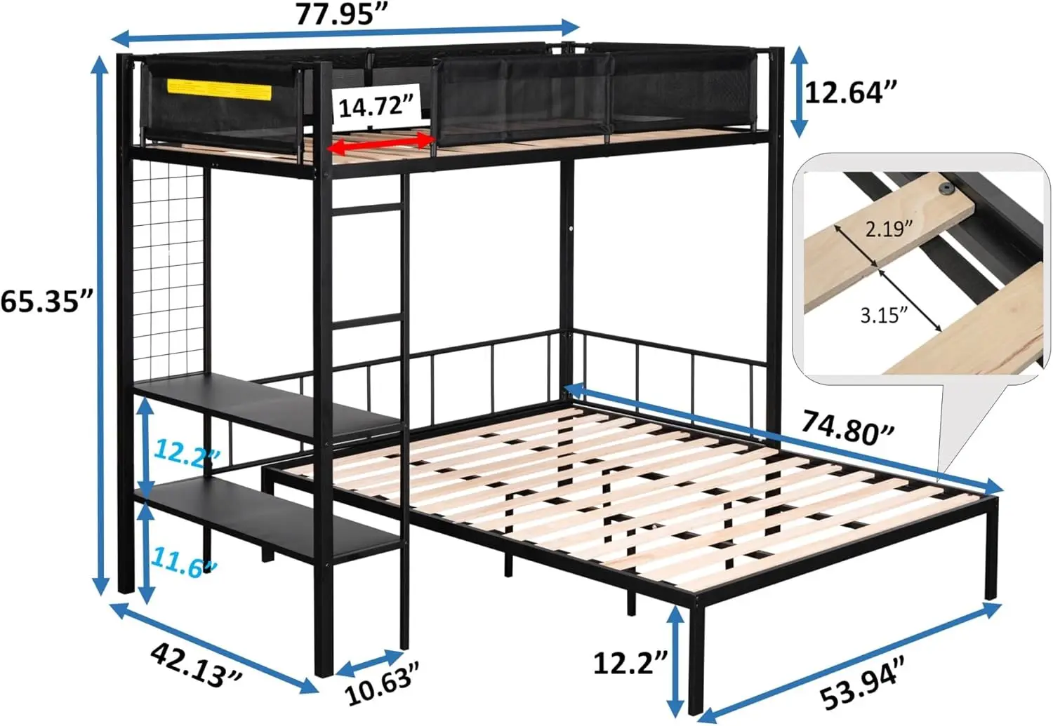 Twin-Over-Full-Etagen bett mit Regalen und Gitter platte, separater Bett rahmen in voller Größe mit geräusch freien Holz latten und Textilen-Leitplanke