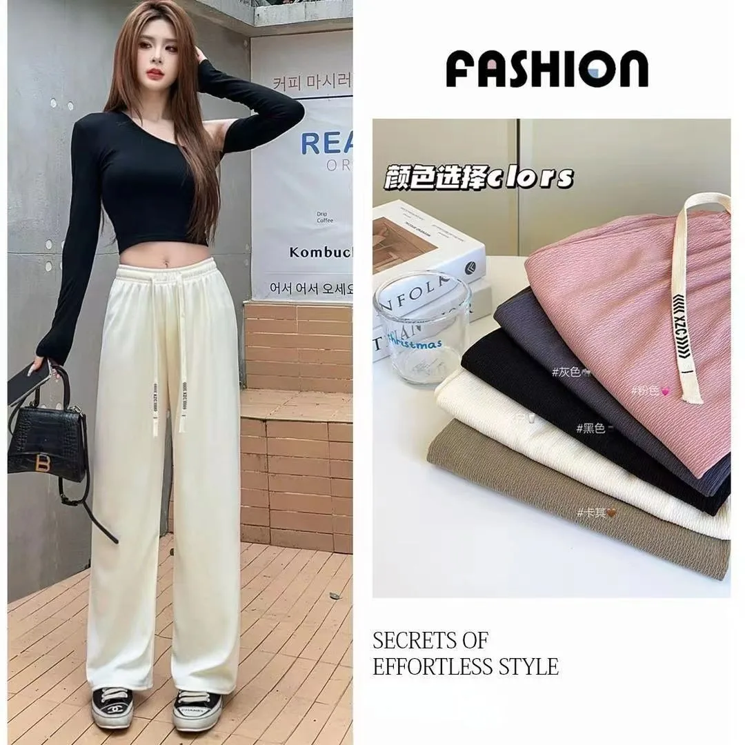 Women Wide Leg Pants Soft and Glutinous Lace up High Waist and Straight Leg Breathable Rib Knitted Trousers